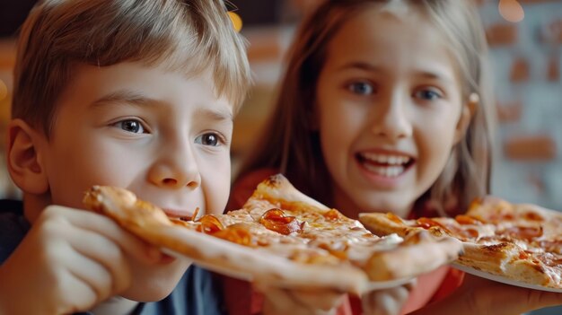 Foto stanno mangiando la pizza.