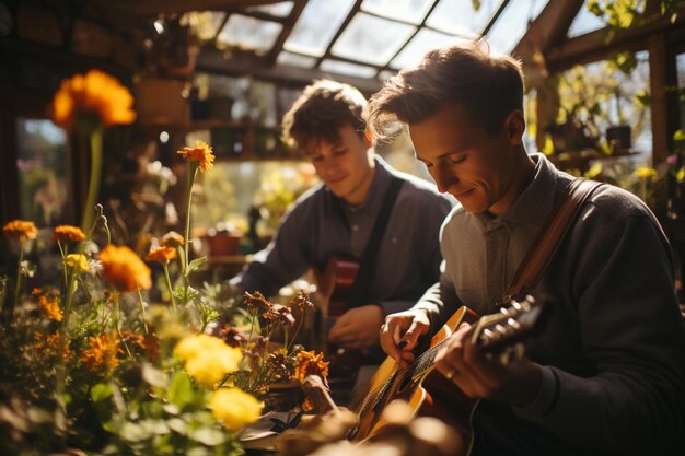 写真 庭で一緒に音楽を演奏している 太陽の光の中で