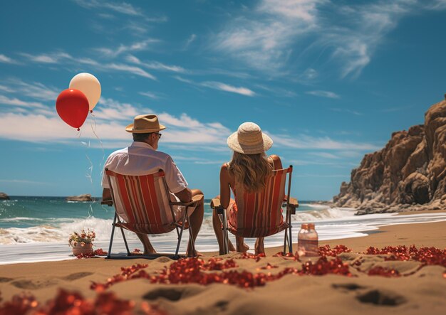 Photo they are sitting on the beach with balloons and a red and white balloon generative ai