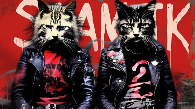 They are two cats wearing leather jackets and standing next to each other generative ai