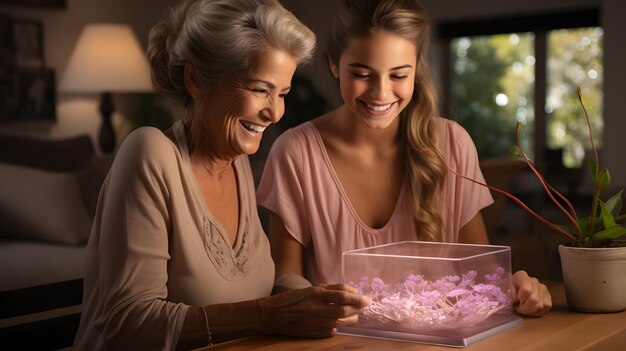 they are two women looking at a box of flowers together Generative AI