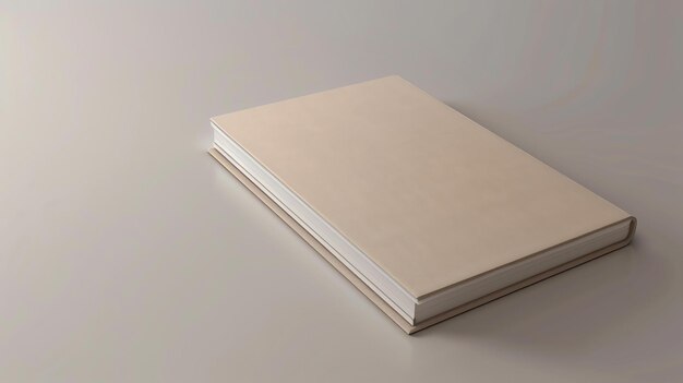 A thick beige book sits on a beige surface The book is closed and the spine is facing the camera