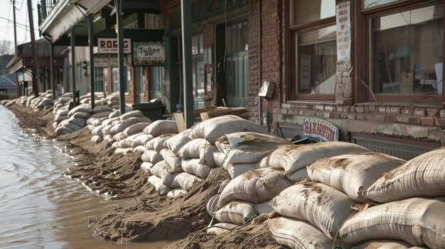 Photo thick blankets of sandbags lining storefronts and buildings protecting them from the rising