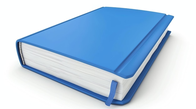 A thick blue book with a blue ribbon bookmark The book is closed and the spine is facing the viewer The book is isolated on a white background