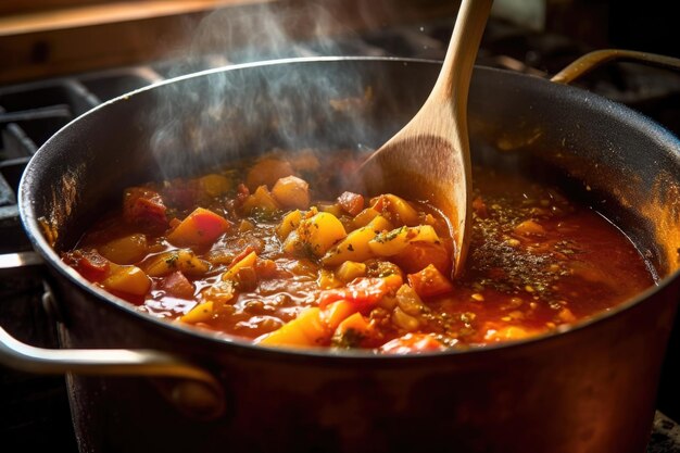 Thick bubbling stew on a stove with a wooden spoon created with generative ai