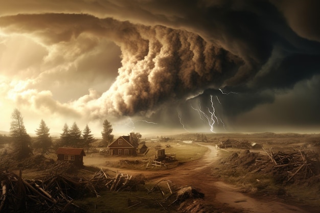 A thick cloud of smoke fills the sky hovering above a rugged dirt road below Tornado disaster concept AI Generated