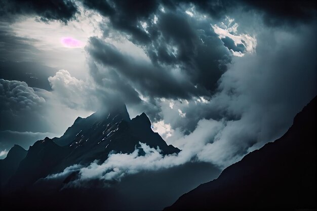 Thick clouds in sky over mountains after aftermath hurricane