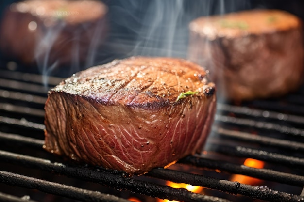 Thick cut filet mignon on a smoky grill