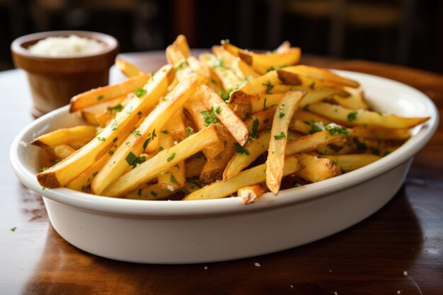 Thick cut fries in a white ceramic dish