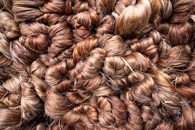 Thick golden bundle of wet raw jute fiber texture\
background