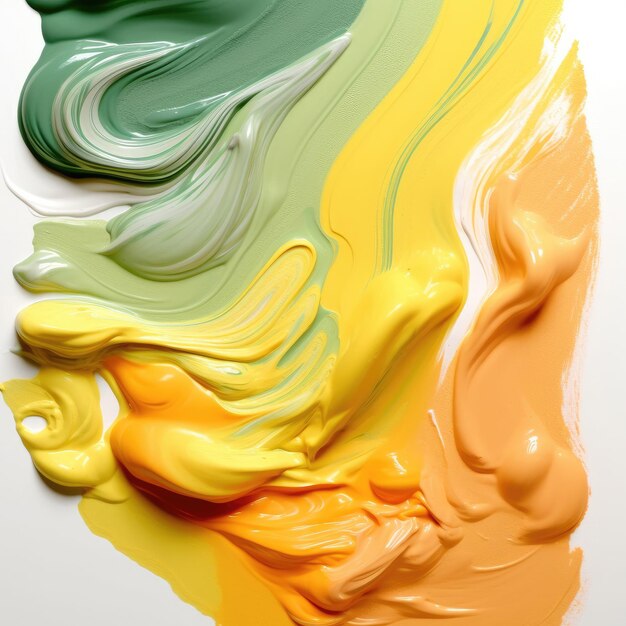 Thick greenorange and pastel yellow paint on a white background