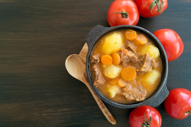 Foto spessa zuppa ungherese, il goulash. su sfondo scuro.