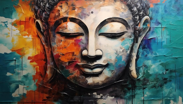 Thick impasto painting of a colorful buddha painting in the style of serenity and calm textured canvases a colorful oil painting abstract lifelike flowers magic lighting