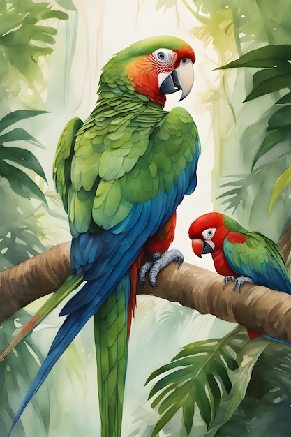 Thick impasto painting style canvas parrot vibrant colors forest background