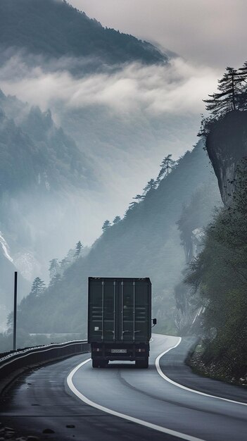 Photo thick morning mist a solitary truck