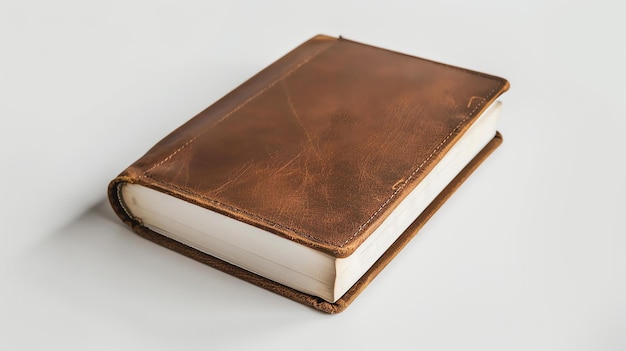 A thick old book with a brown leather cover The book is lying on a white surface The cover is worn and has a few scratches