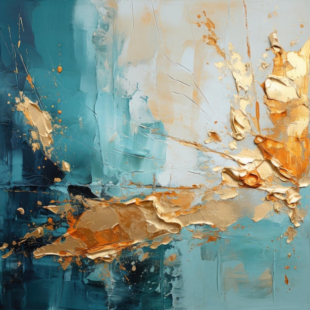 Thick Palette knife painting of Abstract Painting Gold and Teal Theme