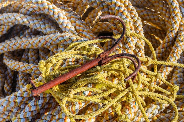 Thick ropes and different tackles on a yacht