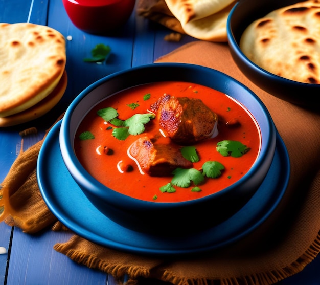 Thick tomato soup with meat,  Naan spicy stew with beef or lamb spices Food on dark background