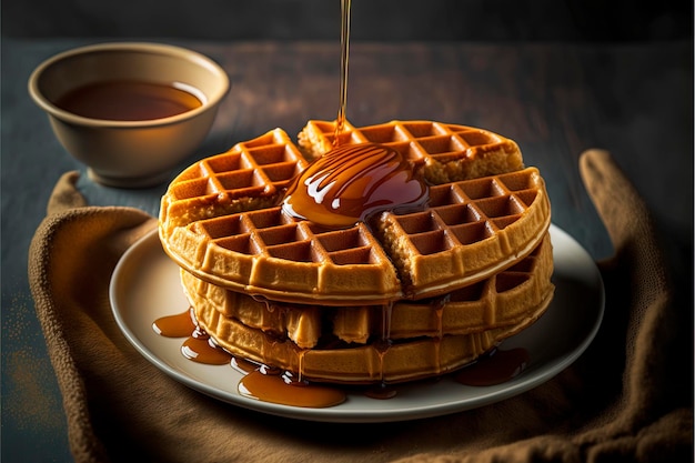 thick waffles with syrup on a white plate