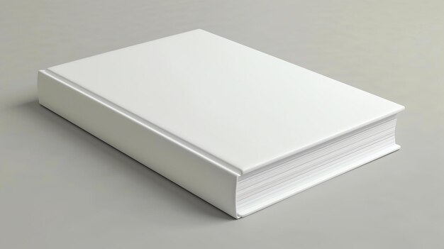 A thick white book is sitting on a solid gray surface The book is closed and the spine is facing the camera