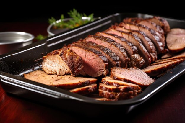 Thickcut beef brisket slices an oven tray