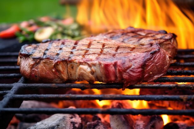 Photo thickcut sirloin steak on a fireroaring barbecue grill