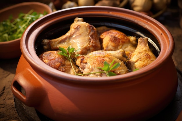 Thickly cooked chicken thighs inside a clay pot