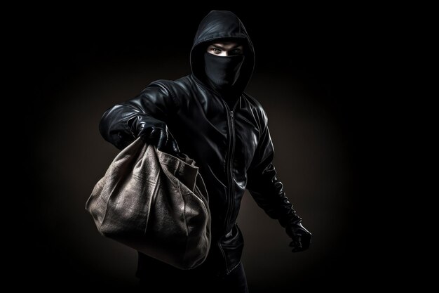 A thief in a black leather jacket holds a bag in his hand