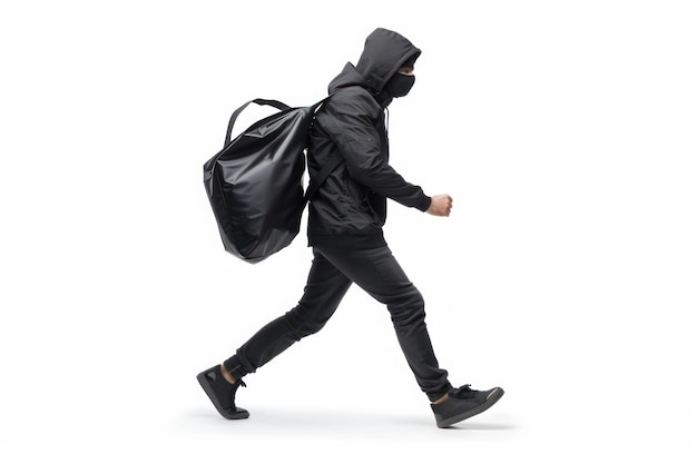 Photo thief in mask dressed in black on the run with stolen bag isolated on white background