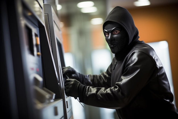 Photo thief in mask illegally stealing money from atm generative ai