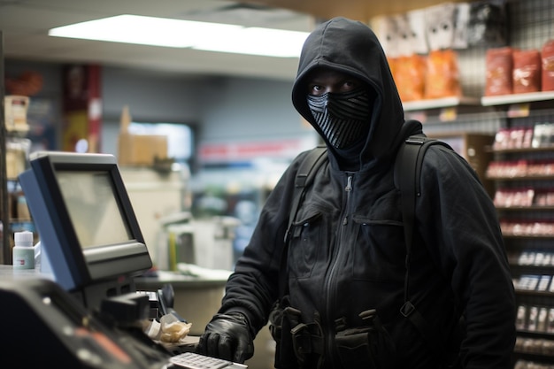 スーパーマーケットを強盗する泥棒のボケスタイルの背景