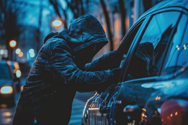 Foto un ladro che indossa un cappuccio e vestiti scuri che irrompe in un'auto parcheggiata per rubarla