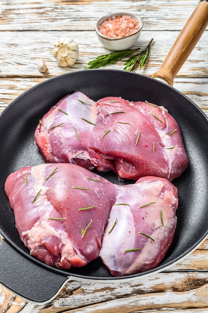 Thigh of farm Turkey in the pan before cooking