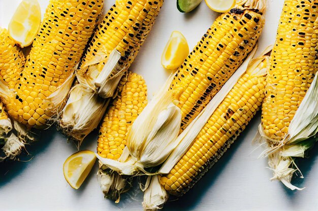 Thin cobs of grilled corn with dry leaves cooked on grate