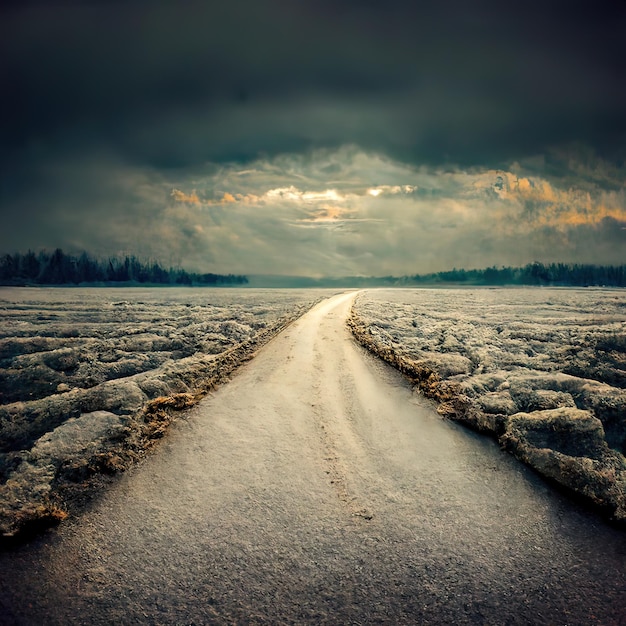 A thin and cracked ice path, winding and widening a little as it gets further away, with sand