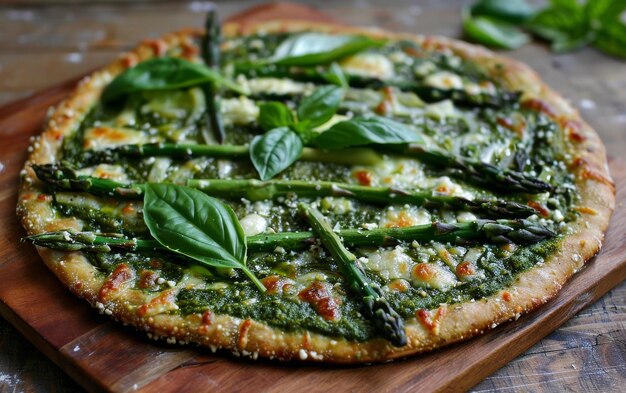 Photo thin crust pizza with asparagus and pesto