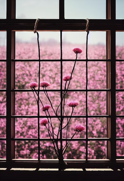 Thin dried flowers bouquet in interior in pink tones