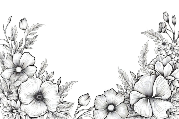 Thin line art empty floral border on white background