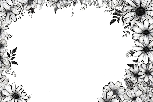 Photo thin line art empty floral border on white background