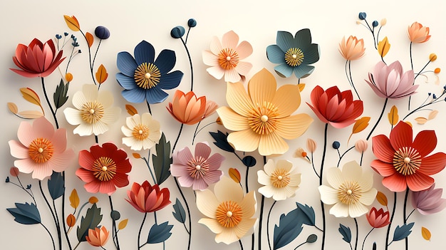 Thin outline art of a cute coloured illustrated flowers pattern