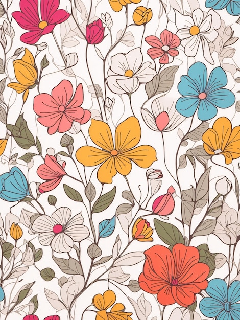 Thin outline art of a cute coloured vector tracing illustrated flowers pattern