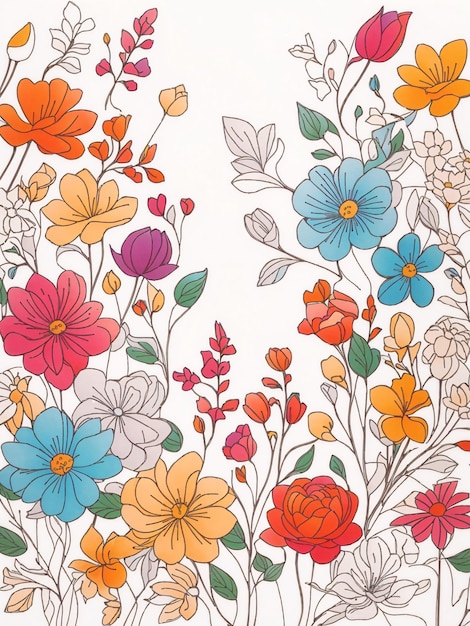 Thin outline art of a cute coloured vector tracing illustrated flowers pattern