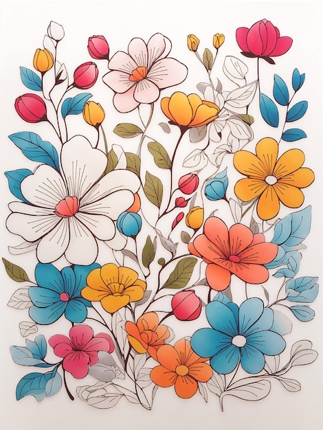 Thin outline art of a cute coloured vector tracing illustrated flowers pattern