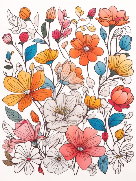 Thin outline art of a cute coloured vector tracing illustrated flowers pattern