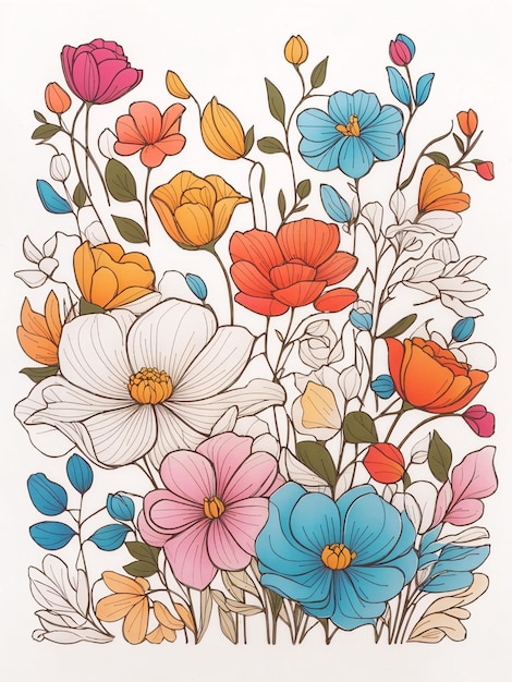 Thin outline art of a cute coloured vector tracing illustrated flowers pattern