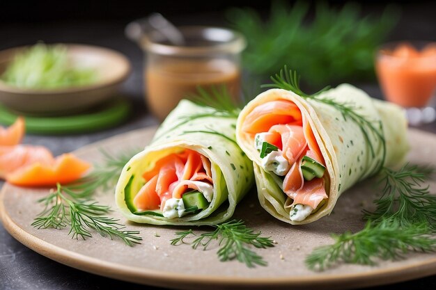 Thin pancake rolls or crepes rolls with smoked salmon cream cheese cucumber and dill selective focus