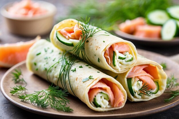 Thin pancake rolls or crepes rolls with smoked salmon cream cheese cucumber and dill selective focus