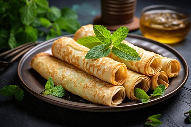 Thin pancakes rolled crepes mint on a plate with knife and fork