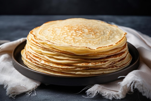 Thin pancakes or russian blini on gray background Generative AI